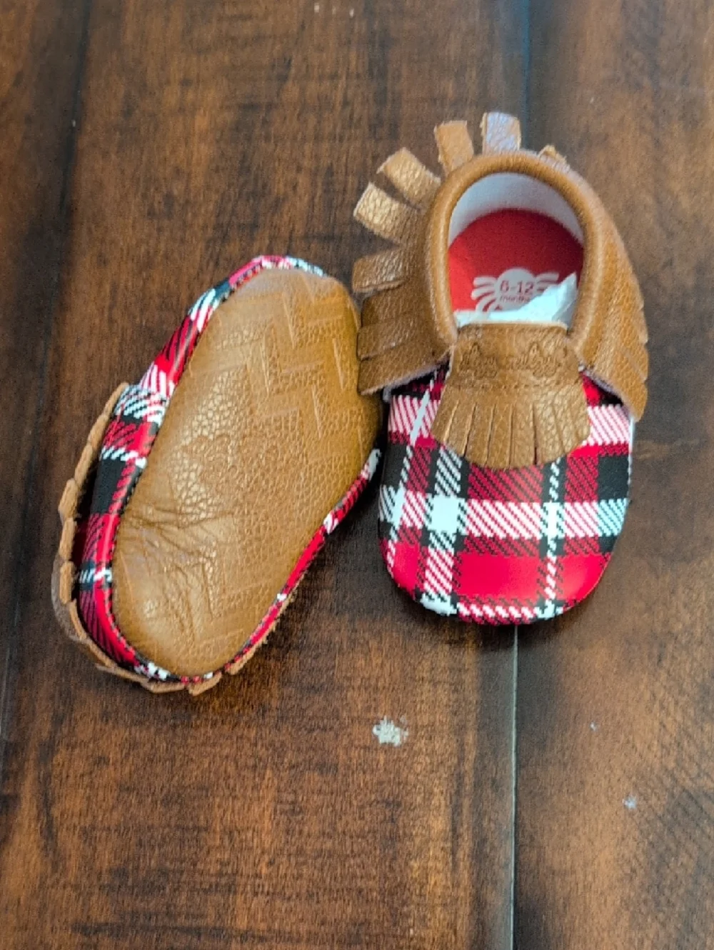 Baby Moccasins Brown Fringe with Red Plaid. Never Used